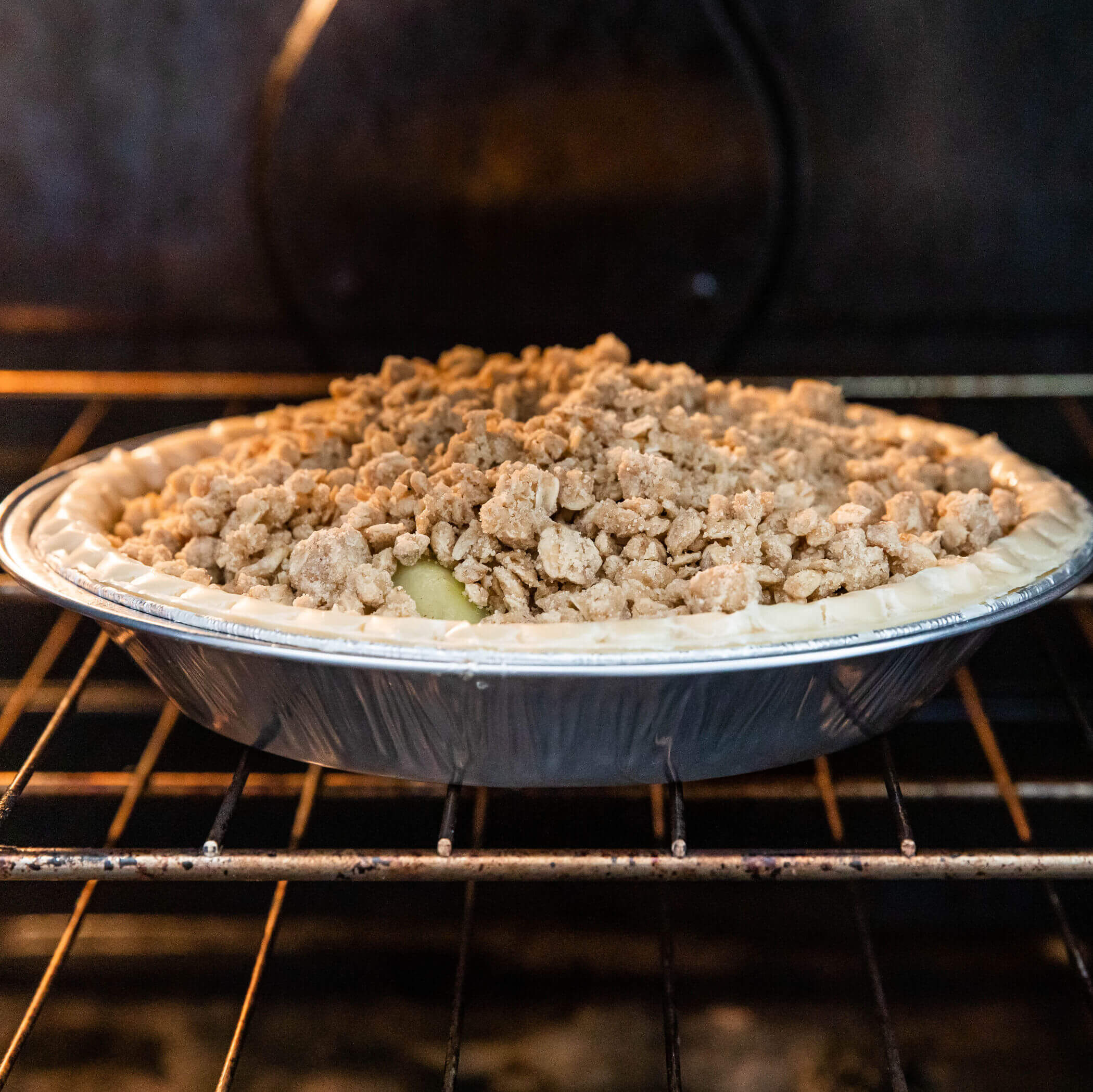 Apple Streusel Pie being baked in the oven