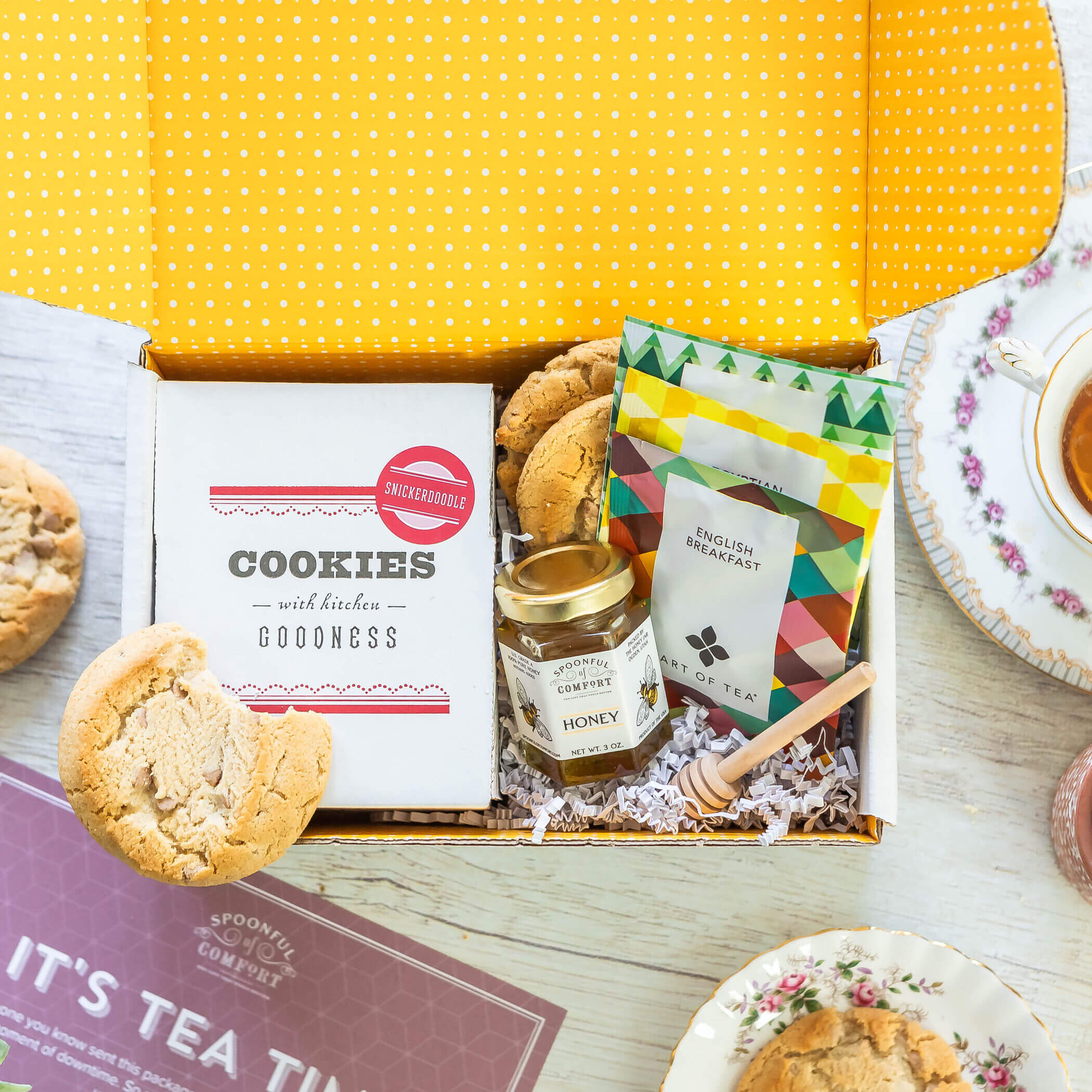 A care package with tea and cookies